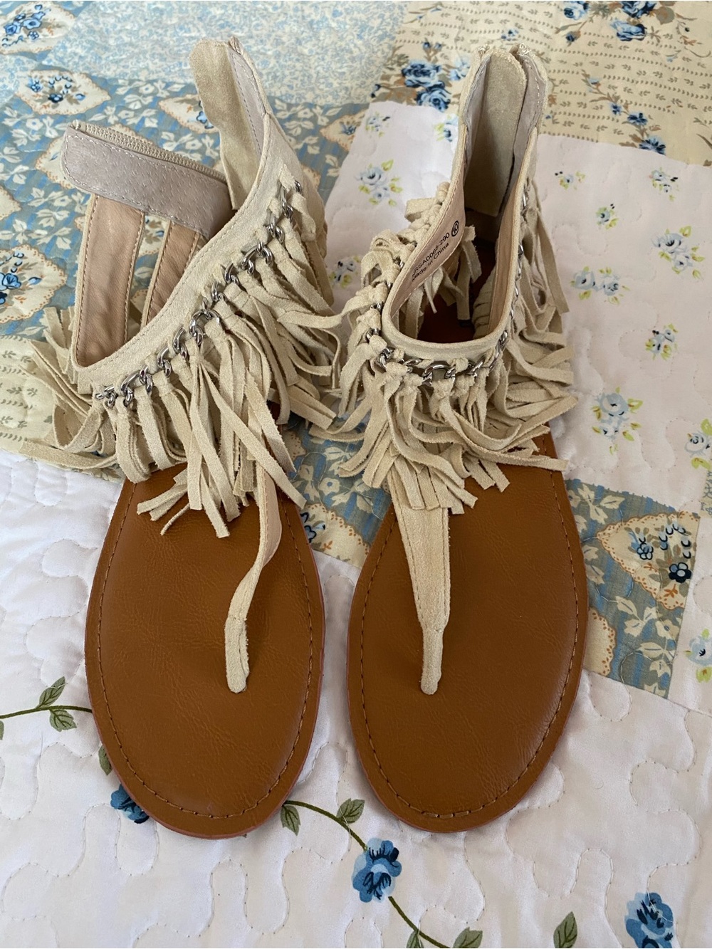 Beige Fringe T-Strap Sandals for Women